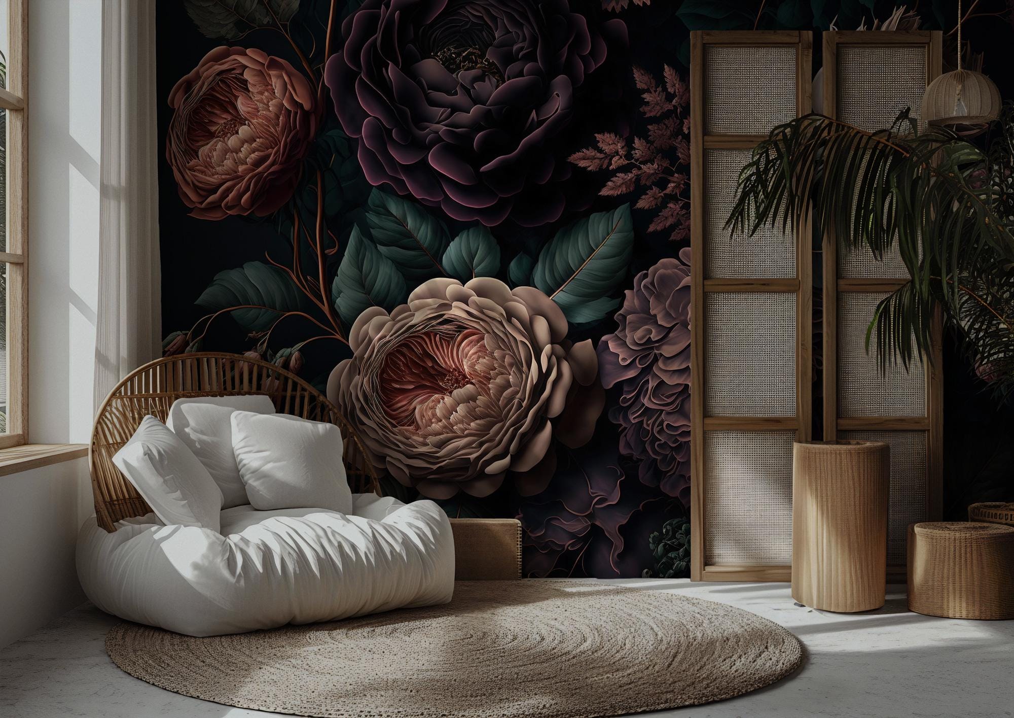 Dark Floral Wall Art, Vintage Botanical Flowers, Elegant Moody Floral Peel and Stick Wallpaper - View 3