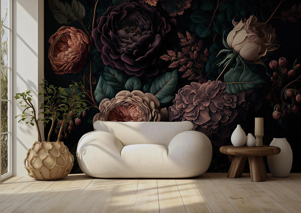 Dark Floral Wall Art, Vintage Botanical Flowers, Elegant Moody Floral Peel and Stick Wallpaper - View 2