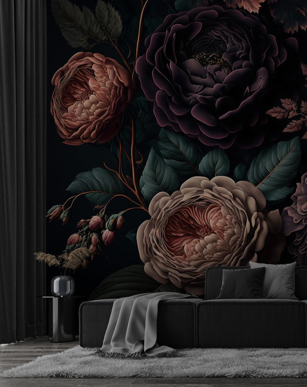 Dark Floral Wall Art, Vintage Botanical Flowers, Elegant Moody Floral Peel and Stick Wallpaper
