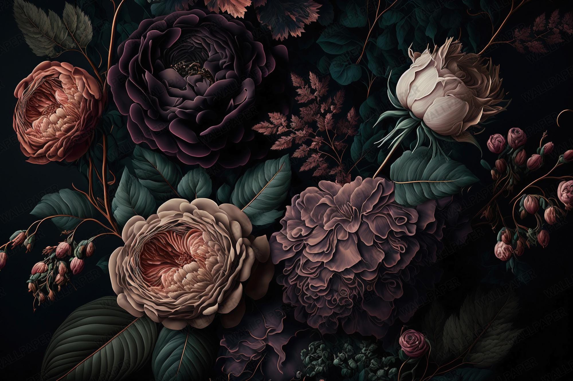 Dark Floral Wall Art, Vintage Botanical Flowers, Elegant Moody Floral Peel and Stick Wallpaper - View 8