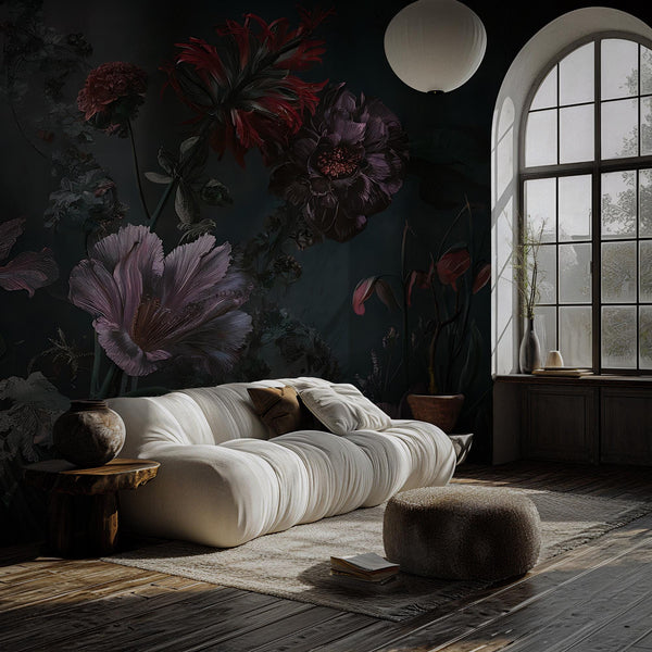 Dark Floral Botanical Wallpaper: Moody Flowers Peel and Stick Wall Mural