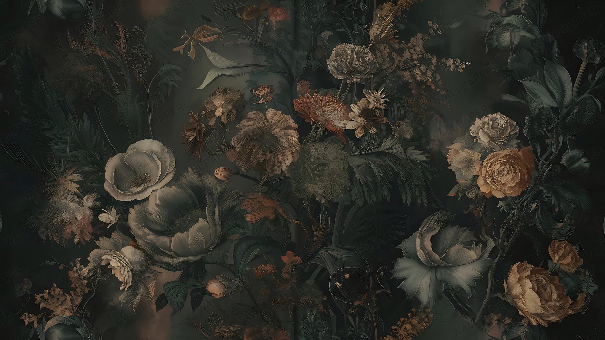 Vintage Botanical Floral Wallpaper – Dark Green Flowers Peel and Stick - View 6