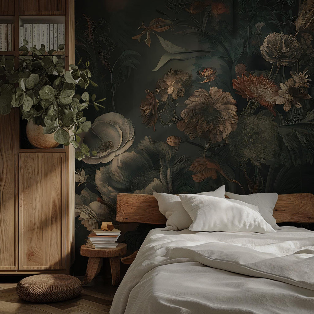 Vintage Botanical Floral Wallpaper – Dark Green Flowers Peel and Stick - View 3