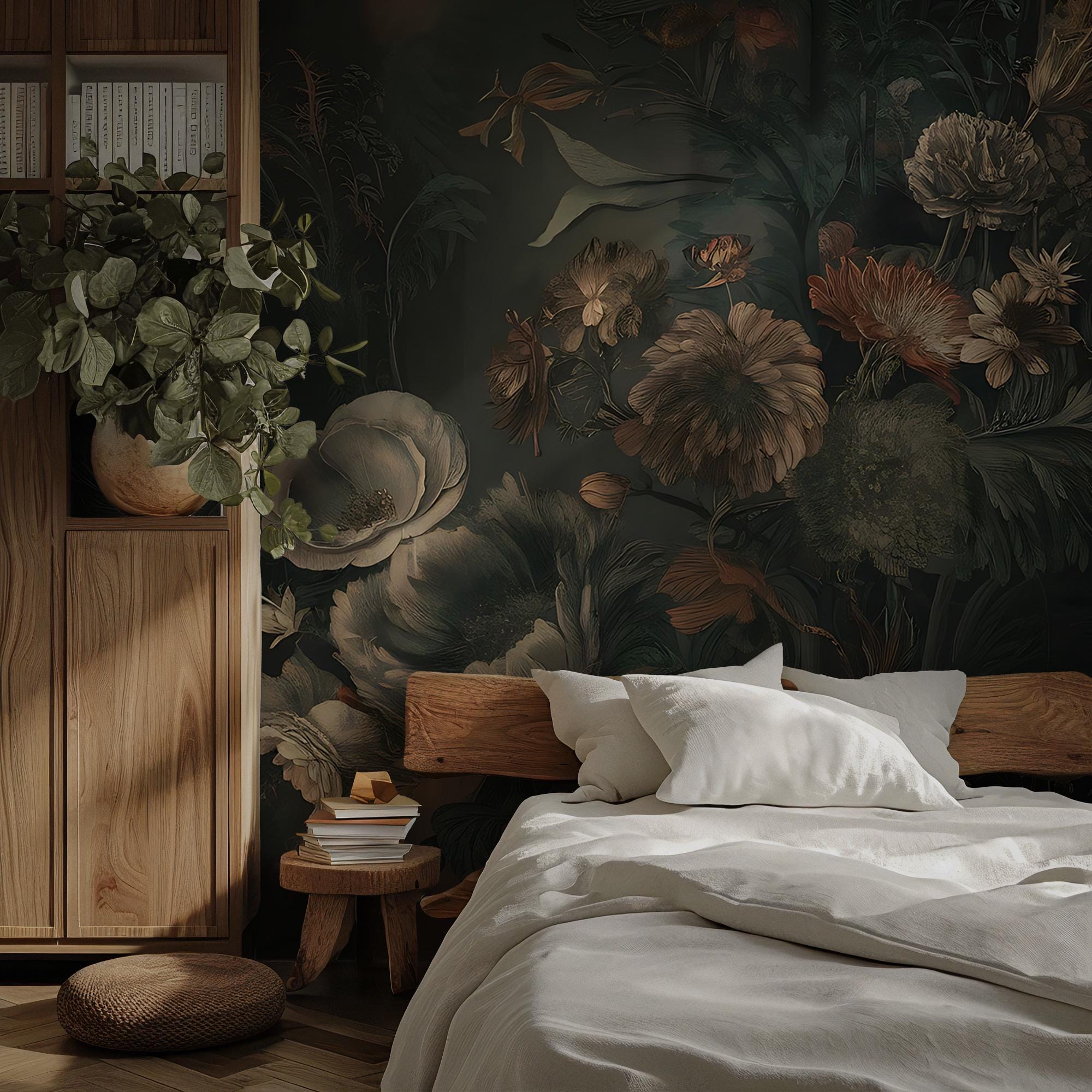 Vintage Botanical Floral Wallpaper – Dark Green Flowers Peel and Stick - View 3