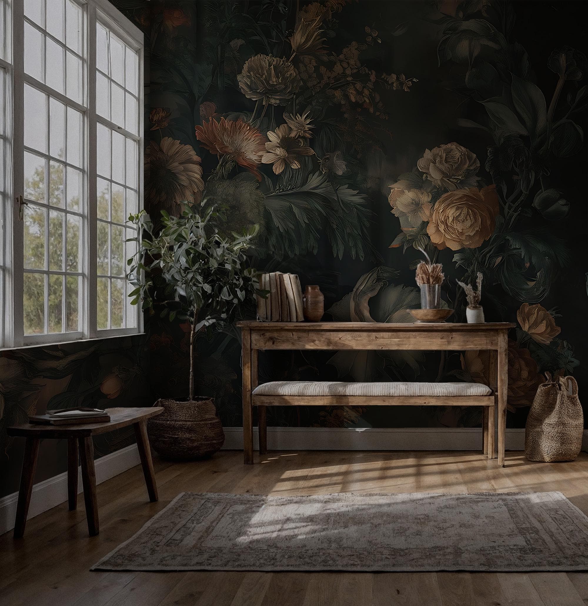 Vintage Botanical Floral Wallpaper – Dark Green Flowers Peel and Stick - View 2