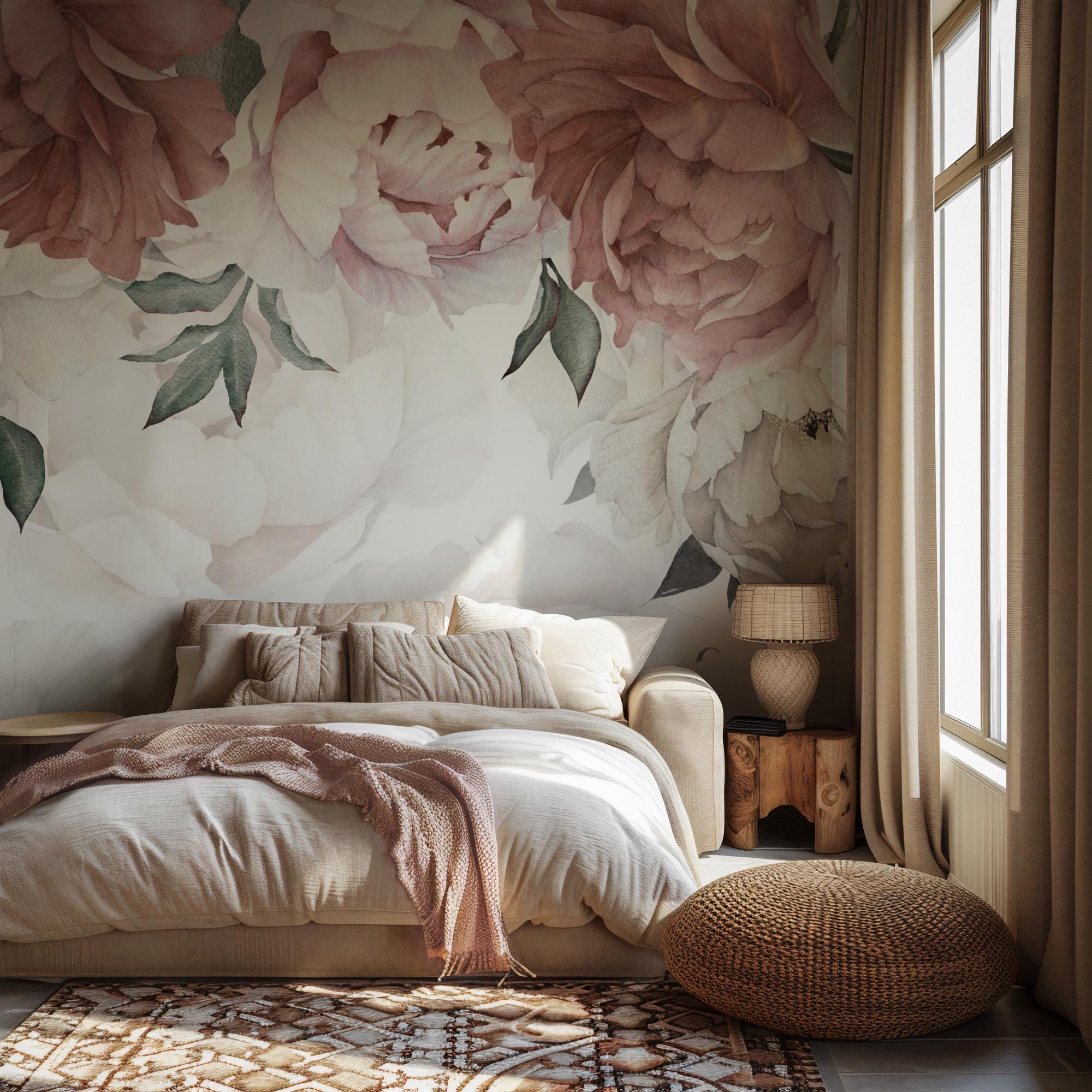 Big Floral Wallpaper: Soft Pink Watercolor Wall Mural, Peel and Stick - View 2