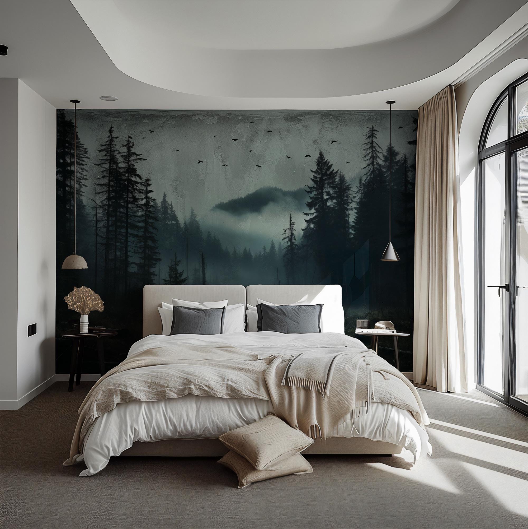 Misty Forest Peel and Stick Wallpaper, Dark Woodland Wall Mural, Nature Landscape Removable Wallpaper - View 3