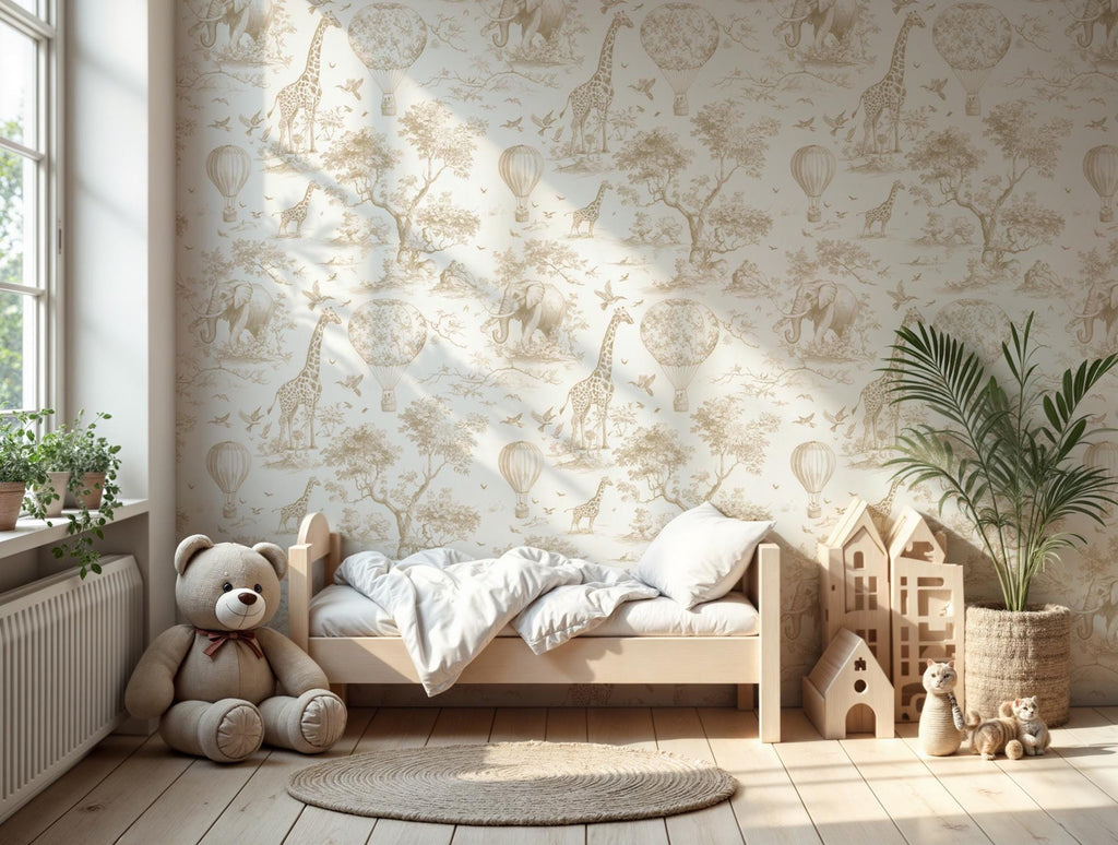Brown Safari Nursery Wallpaper: Jungle Animals Peel and Stick Mural - View 4