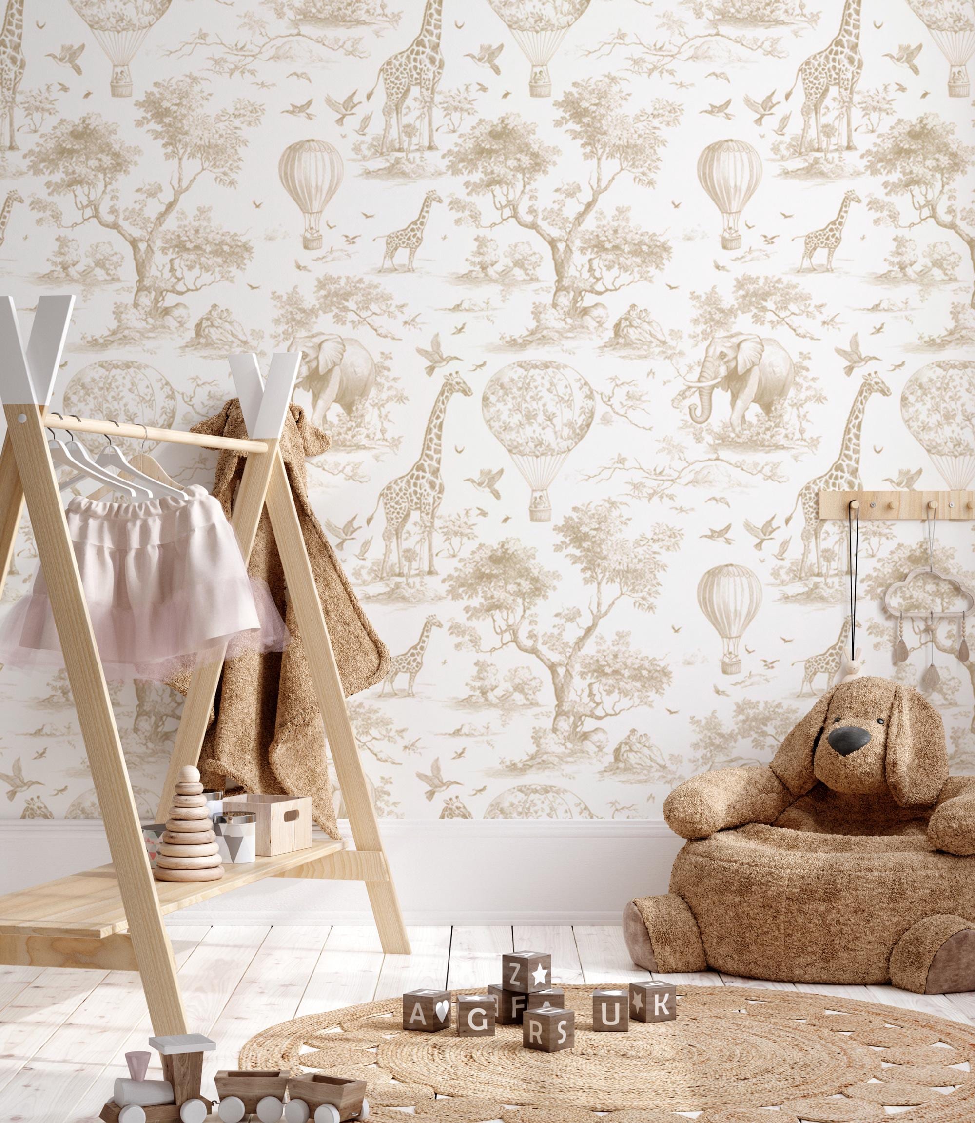 Brown Safari Nursery Wallpaper: Jungle Animals Peel and Stick Mural - View 2