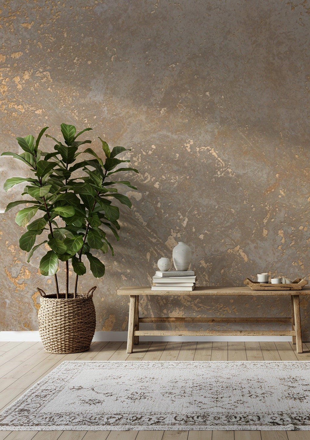 Beige Gold Textured Plaster Wallpaper: Peel and Stick Wall Mural - View 4