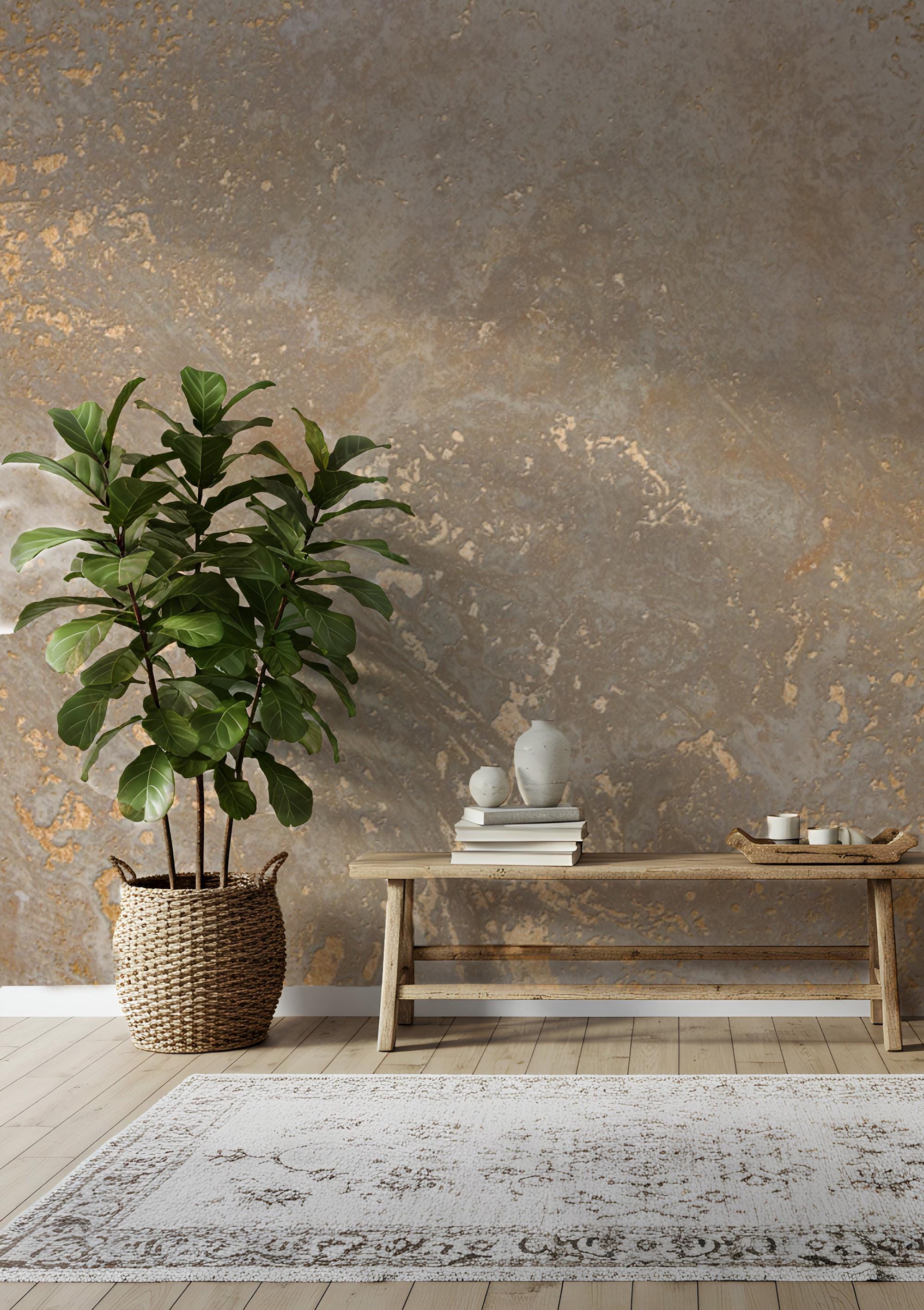 Beige Gold Textured Plaster Wallpaper: Peel and Stick Wall Mural - View 4