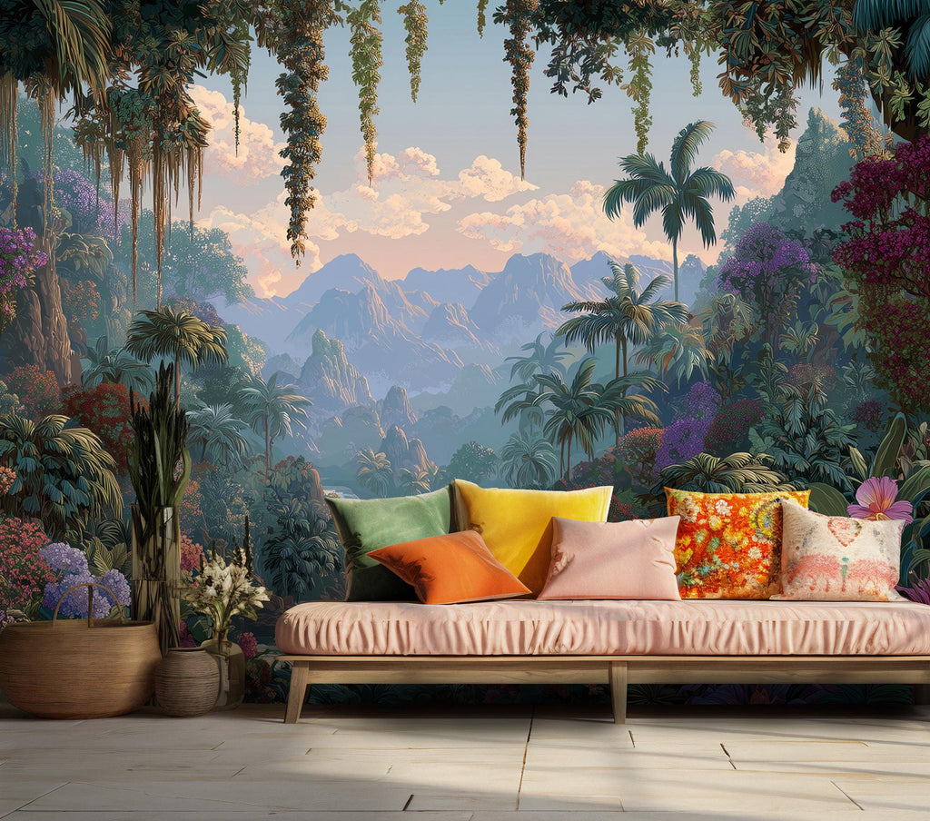Tropical Jungle Landscape Wallpaper: Peel and Stick Wall Mural - View 2