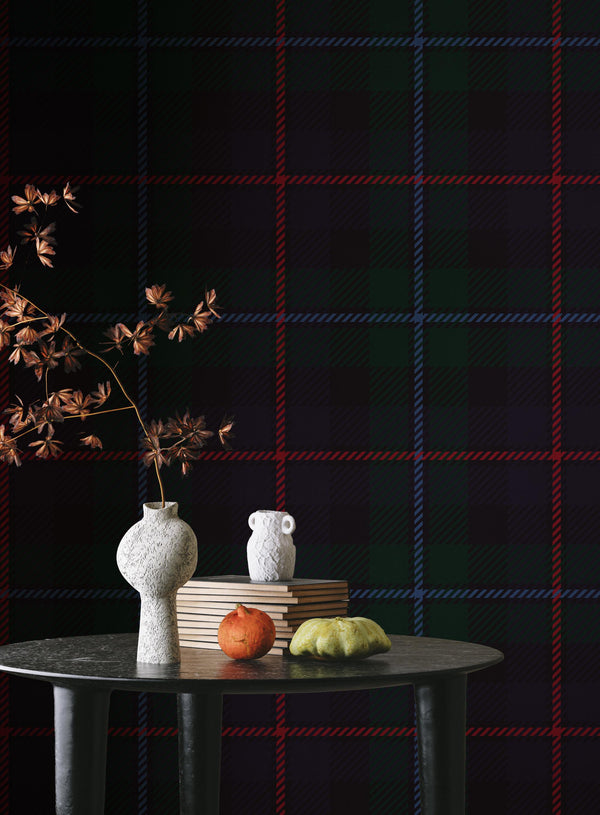 Dark Green Navy Tartan Plaid Wallpaper; Peel and Stick Wall Mural