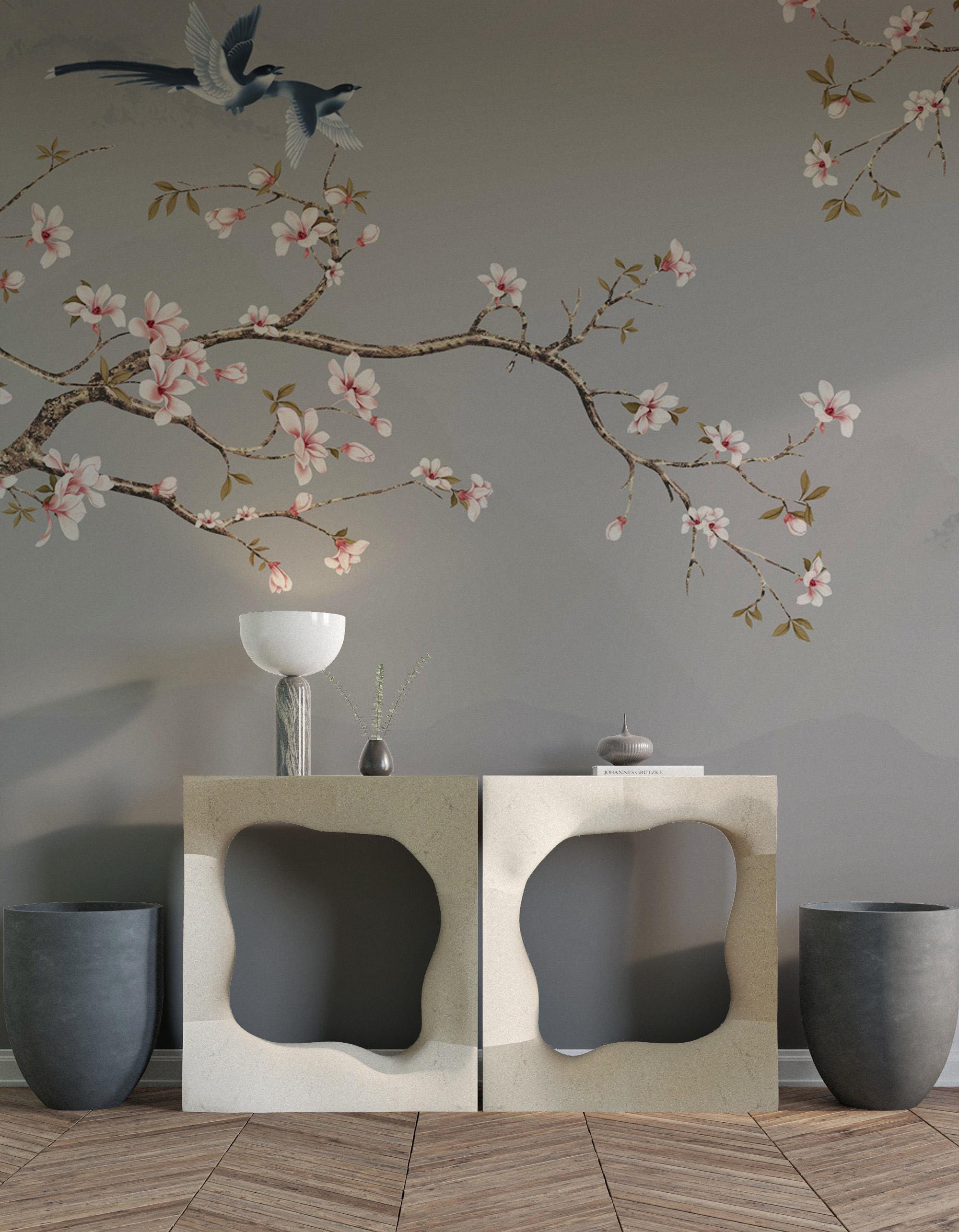 Cherry Blossom Wall Mural: Vintage Chinoiserie Floral Wallpaper (Peel and Stick)