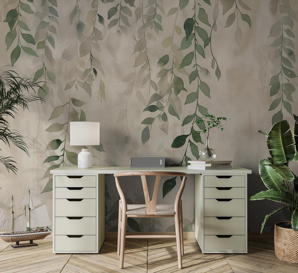 Sage Green Botanical Leaf Wallpaper: Neutral Beige Floral Wall Mural, Peel and Stick
