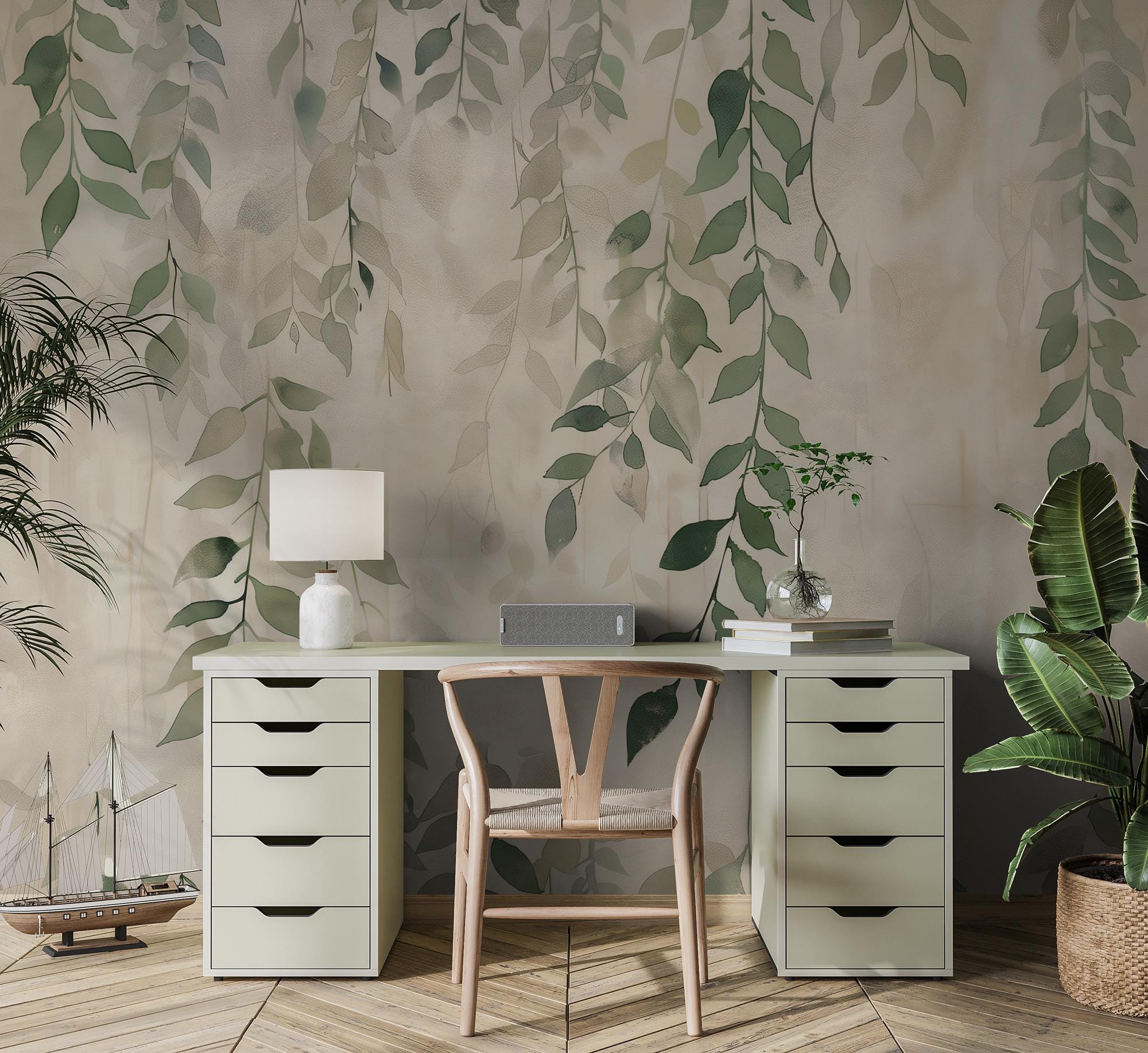 Sage Green Botanical Leaf Wallpaper: Neutral Beige Floral Wall Mural, Peel and Stick