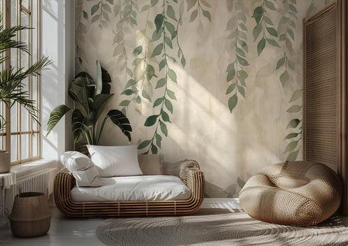Sage Green Botanical Leaf Wallpaper: Neutral Beige Floral Wall Mural, Peel and Stick - View 2
