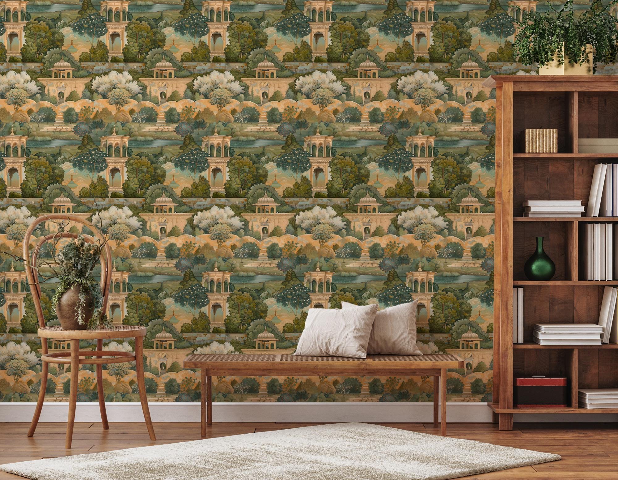 Vintage Garden Landscape Wallpaper; Classical Scenic Peel and Stick Wall Mural - View 3