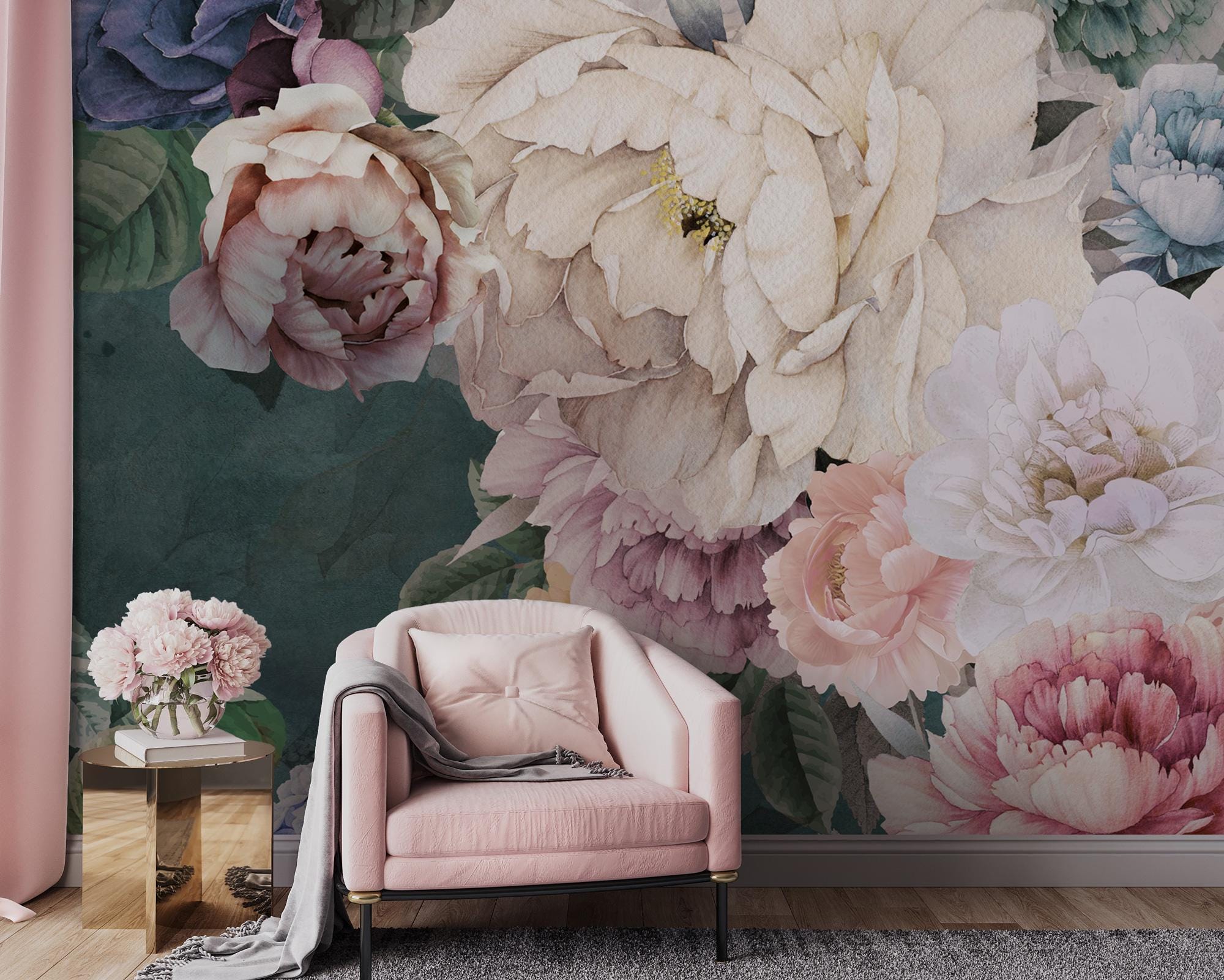 Romantic Peony Floral Wallpaper; Vintage Peel and Stick Wall Mural - View 2