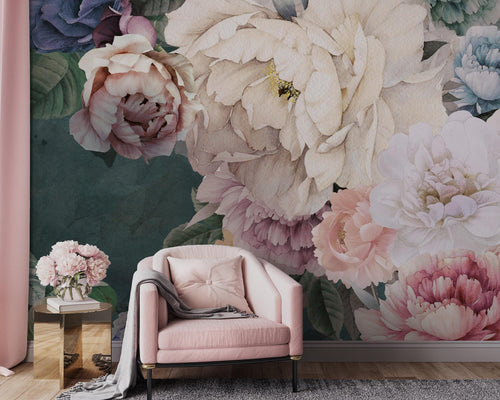 Romantic Peony Floral Wallpaper; Vintage Peel and Stick Wall Mural - View 2