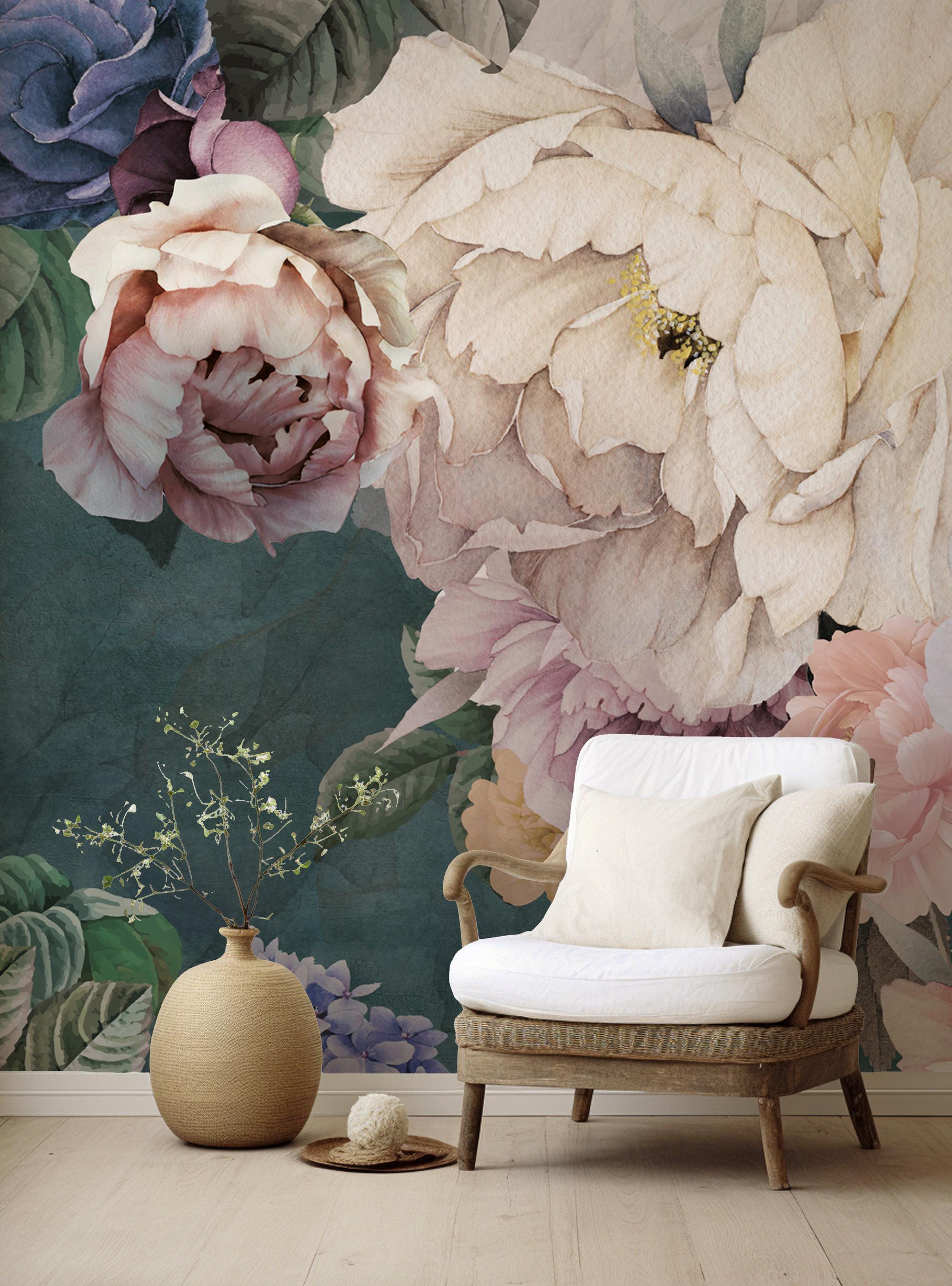 Romantic Peony Floral Wallpaper; Vintage Peel and Stick Wall Mural - View 3