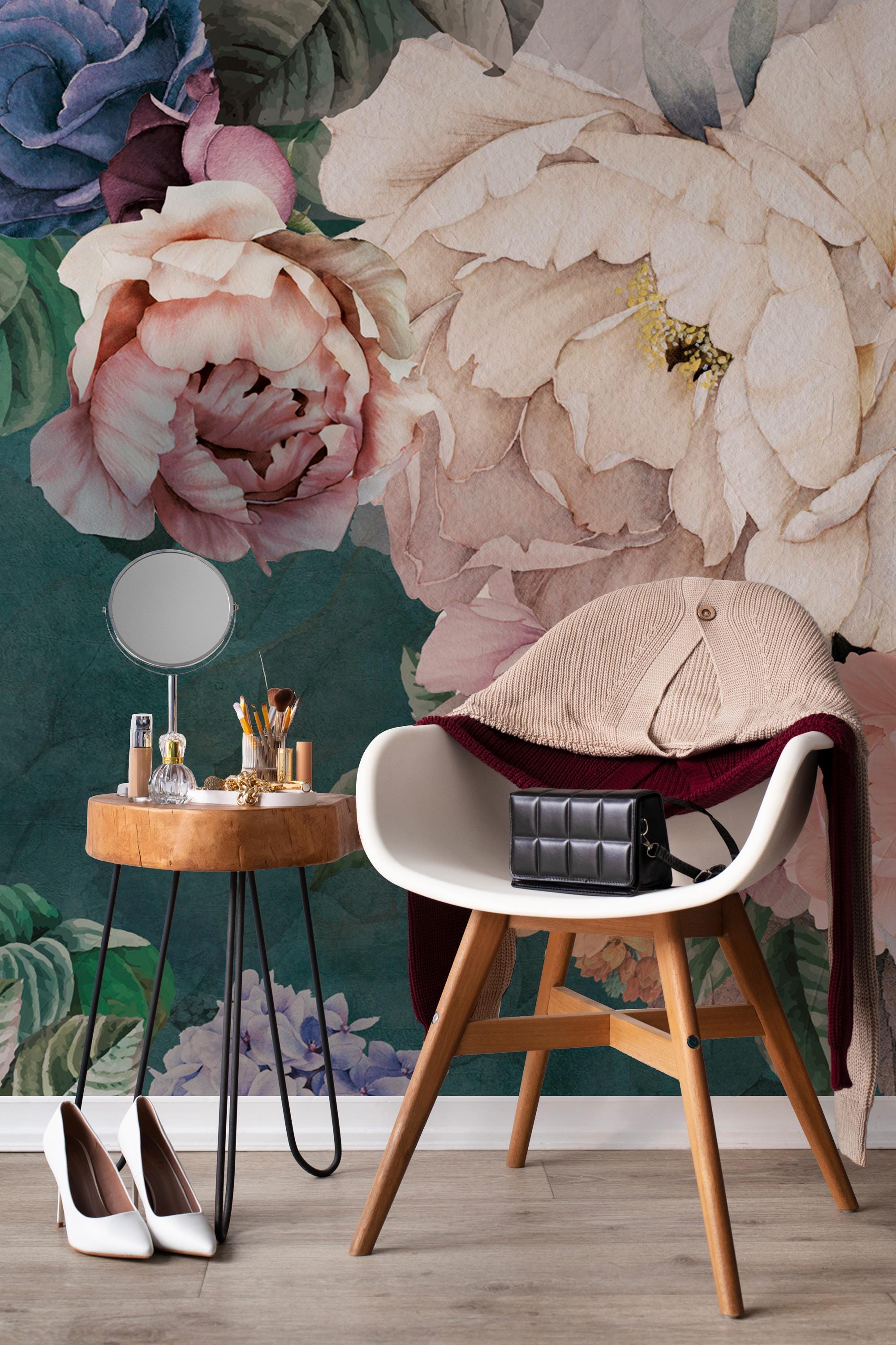 Romantic Peony Floral Wallpaper; Vintage Peel and Stick Wall Mural - View 5