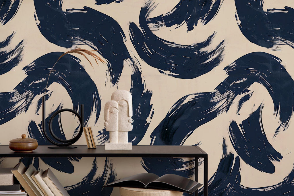 Navy Blue Brush Stroke Pattern Wallpaper: Modern Peel and Stick Wall Mural - View 4