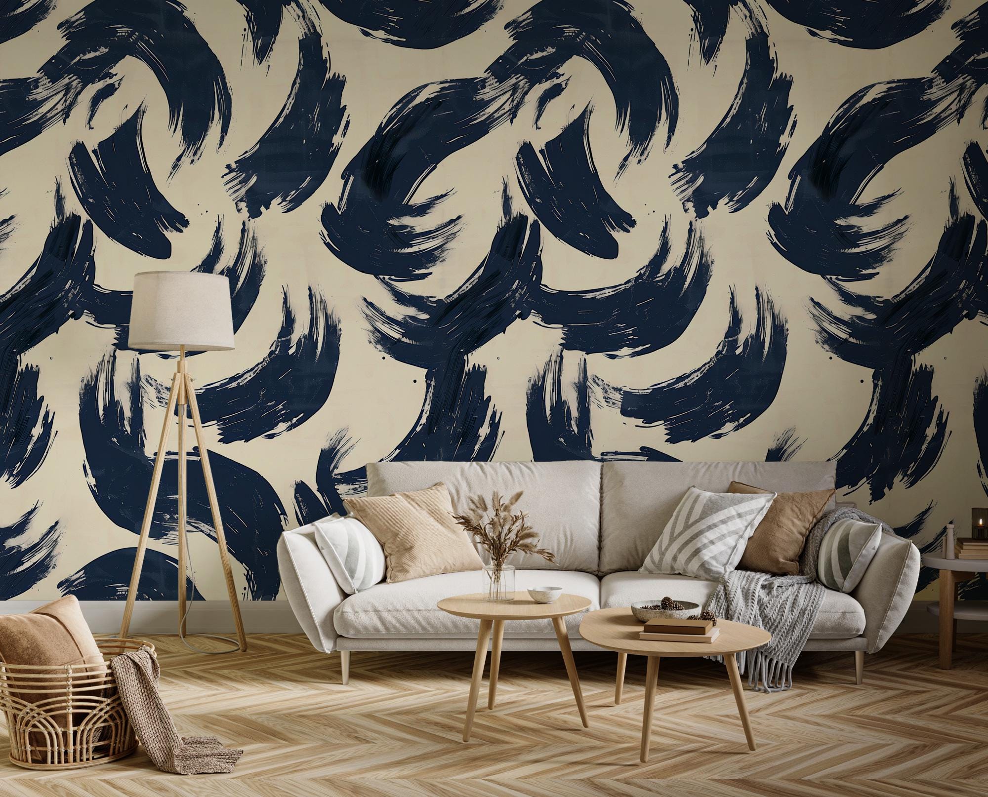 Navy Blue Brush Stroke Pattern Wallpaper: Modern Peel and Stick Wall Mural - View 2