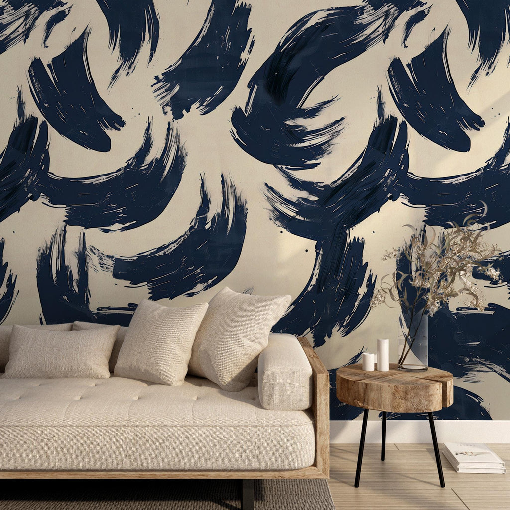Navy Blue Brush Stroke Pattern Wallpaper: Modern Peel and Stick Wall Mural - View 3
