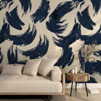 Navy Blue Brush Stroke Pattern Wallpaper: Modern Peel and Stick Wall Mural - View 3
