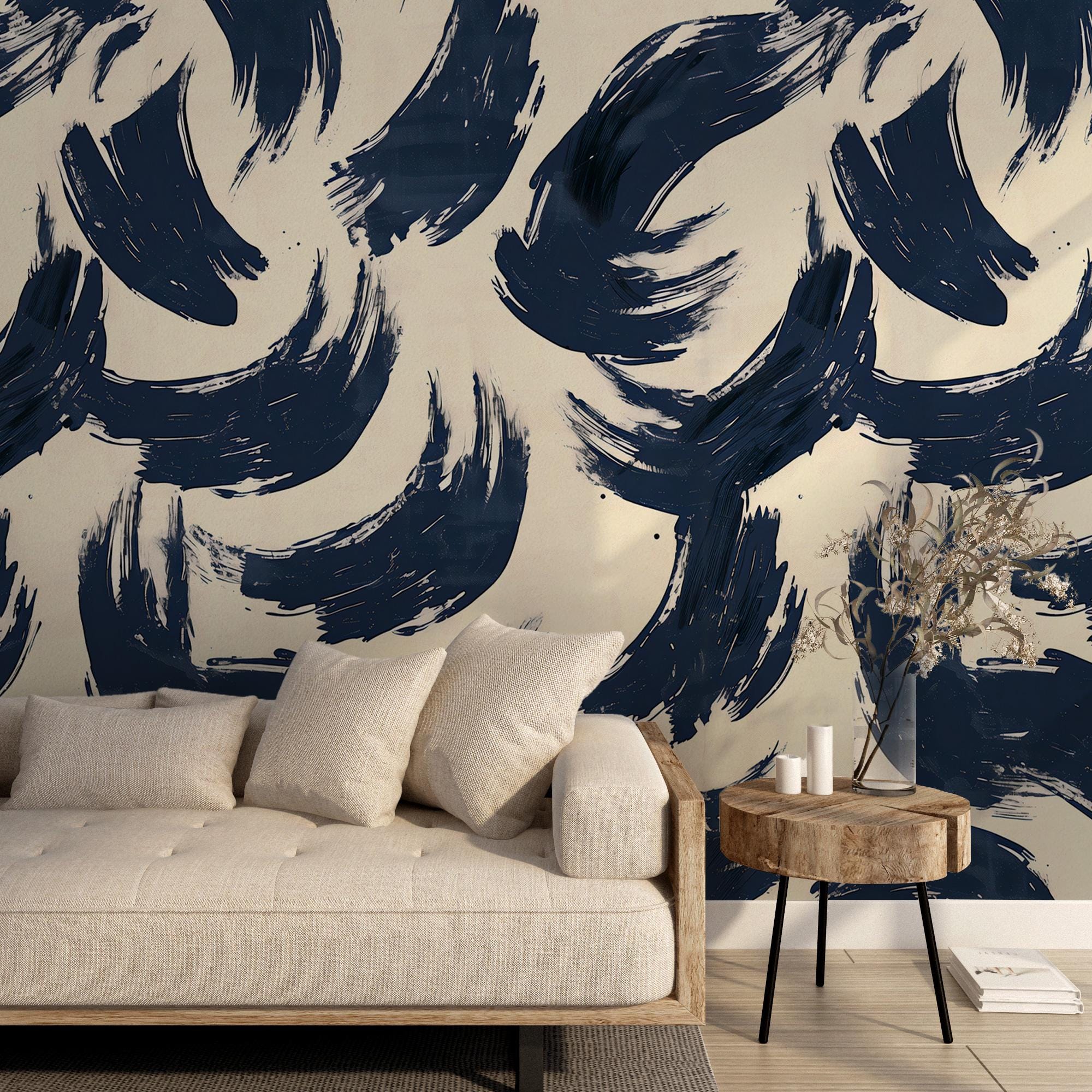 Navy Blue Brush Stroke Pattern Wallpaper: Modern Peel and Stick Wall Mural - View 3