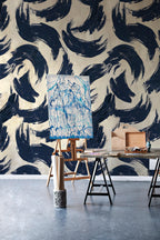 Navy Blue Brush Stroke Pattern Wallpaper: Modern Peel and Stick Wall Mural - View 5