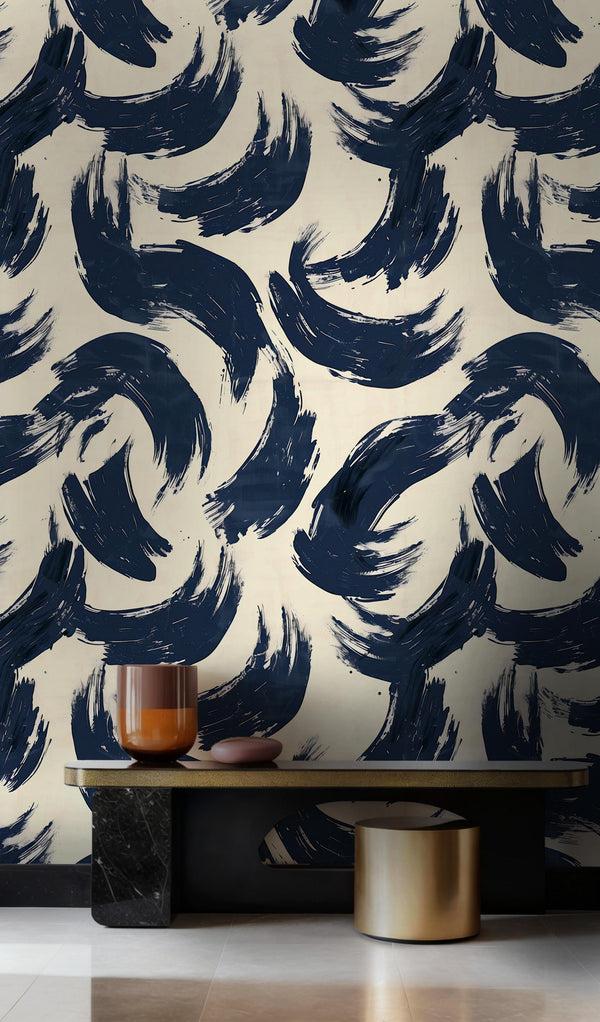 Navy Blue Brush Stroke Pattern Wallpaper: Modern Peel and Stick Wall Mural