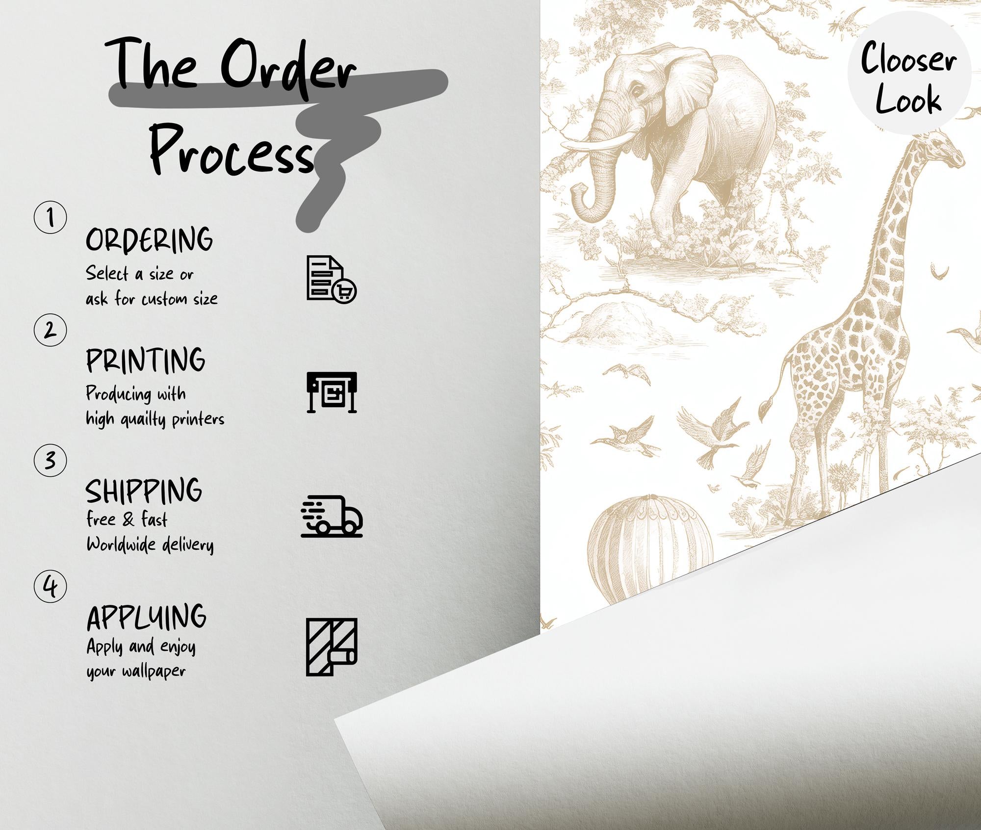 Brown Safari Nursery Wallpaper: Jungle Animals Peel and Stick Mural - View 5