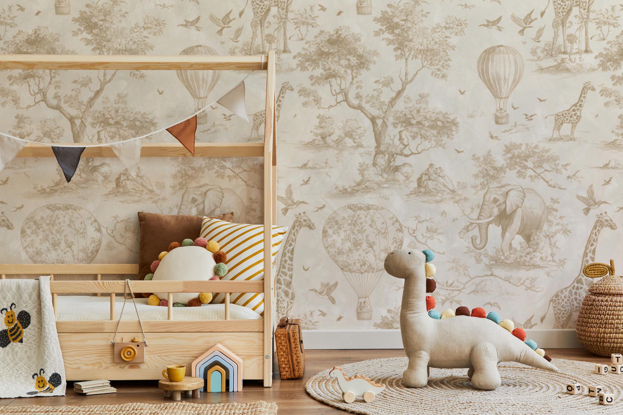 Brown Safari Nursery Wallpaper: Jungle Animals Peel and Stick Mural - View 3