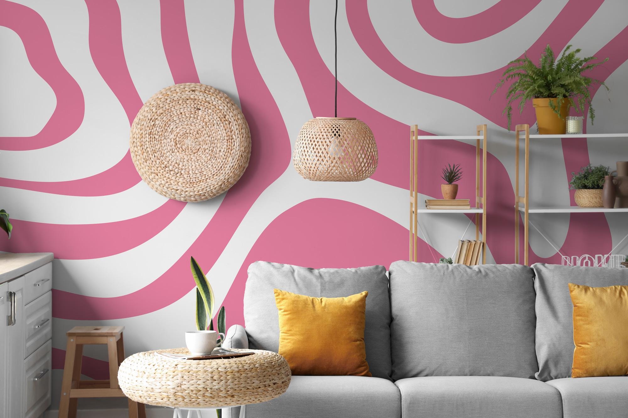 Pink Retro Geometric Wallpaper: Pink Color Peel and Stick Wall Mural - View 2