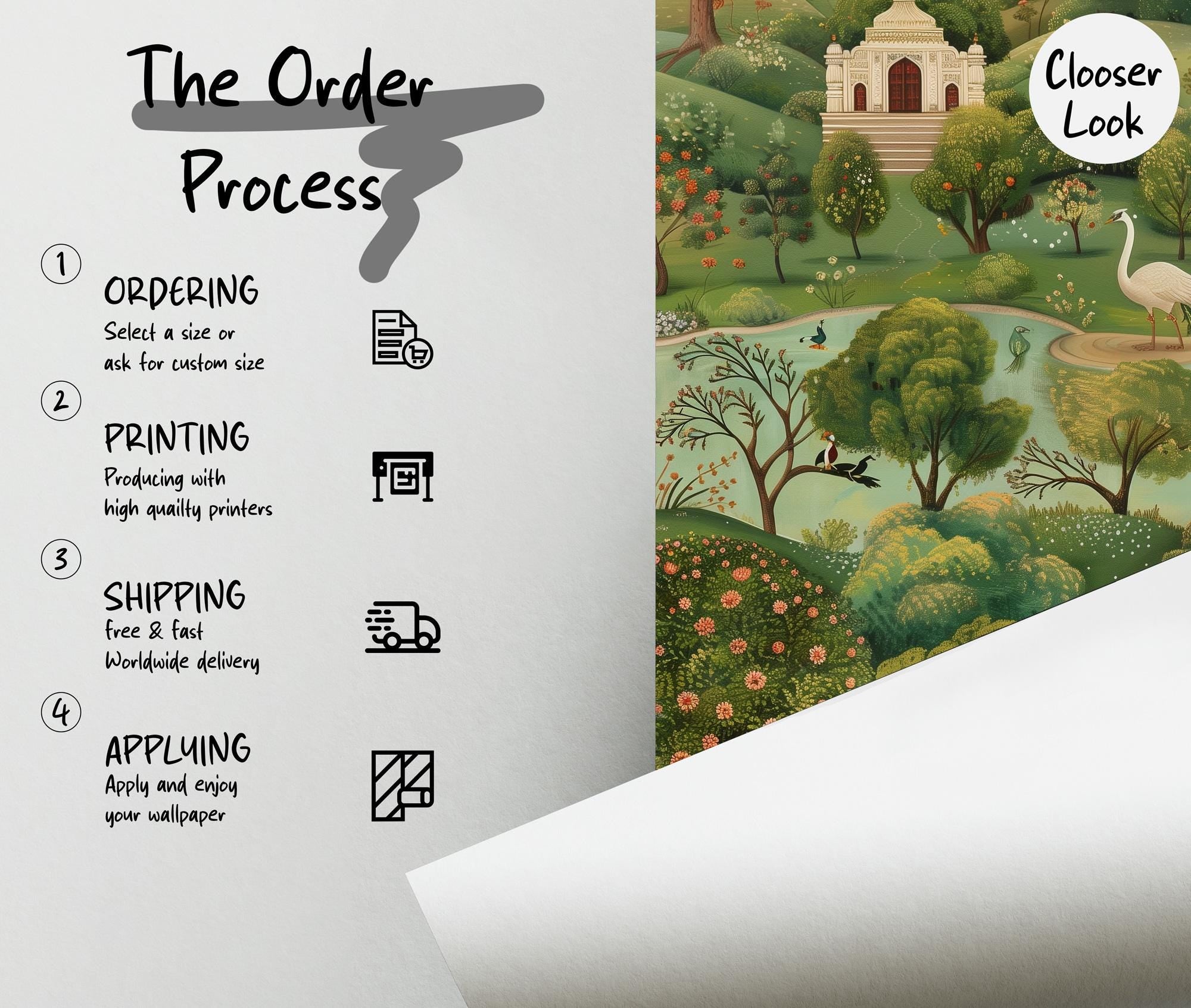 Mughal Garden Landscape Wallpaper: Vintage Botanical Peel and Stick Wall Mural - View 6