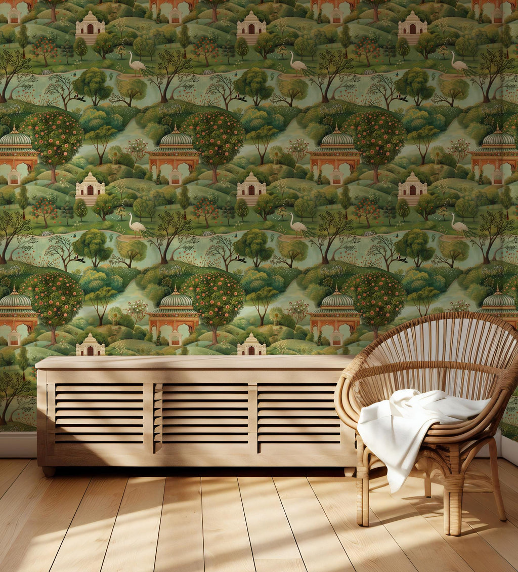 Mughal Garden Landscape Wallpaper: Vintage Botanical Peel and Stick Wall Mural - View 2