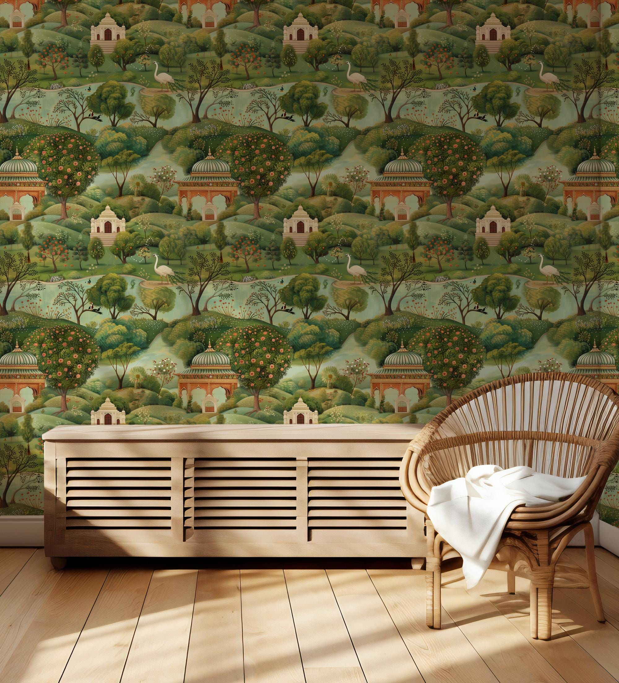 Mughal Garden Landscape Wallpaper: Vintage Botanical Peel and Stick Wall Mural - View 2