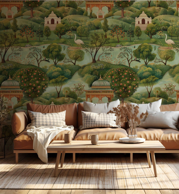 Mughal Garden Landscape Wallpaper: Vintage Botanical Peel and Stick Wall Mural