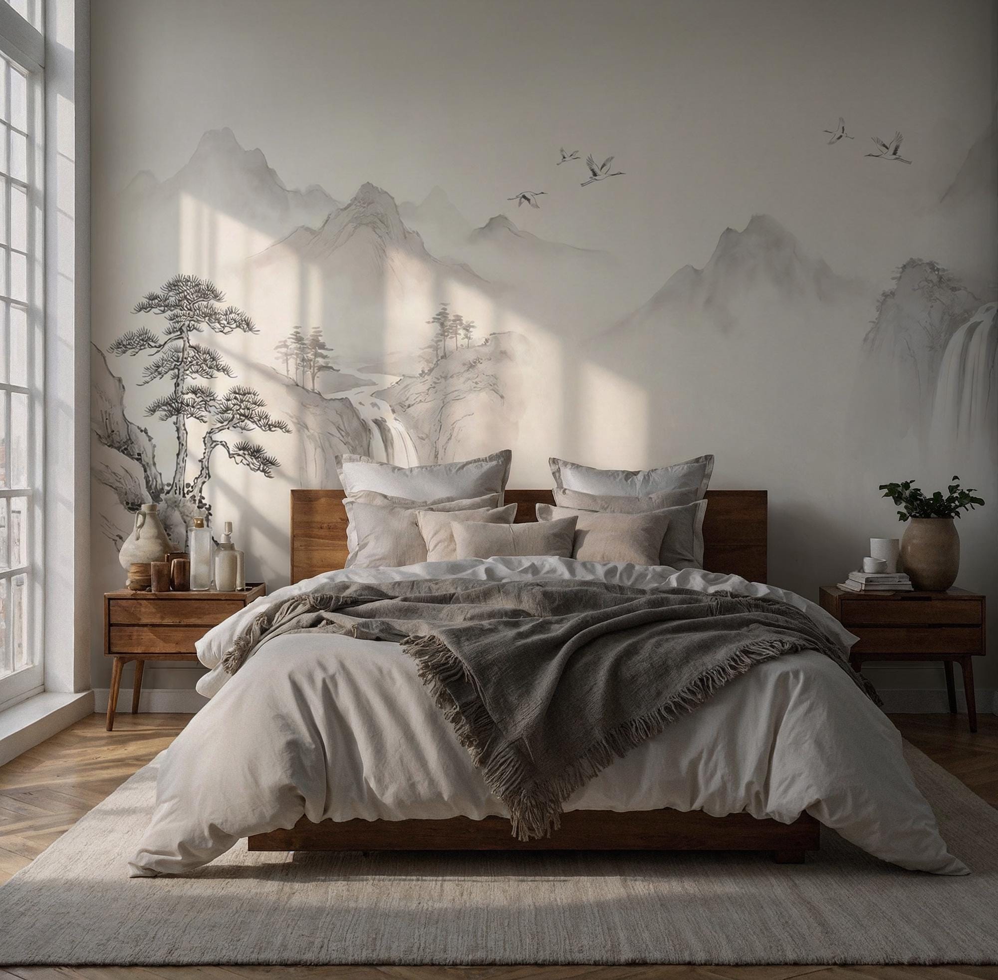 Asian Ink Wash Mountain Wallpaper: Peel and Stick Wall Mural - View 4