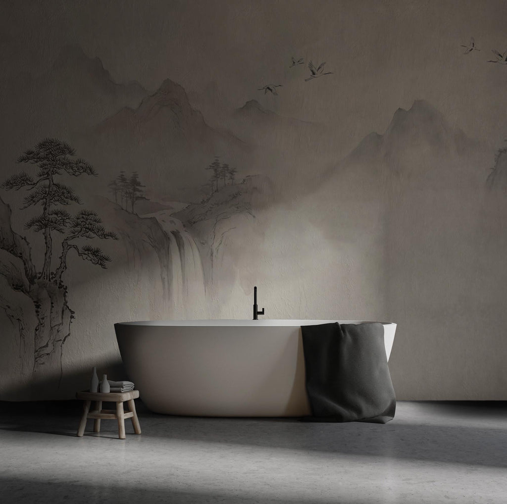 Asian Ink Wash Mountain Wallpaper: Peel and Stick Wall Mural - View 2