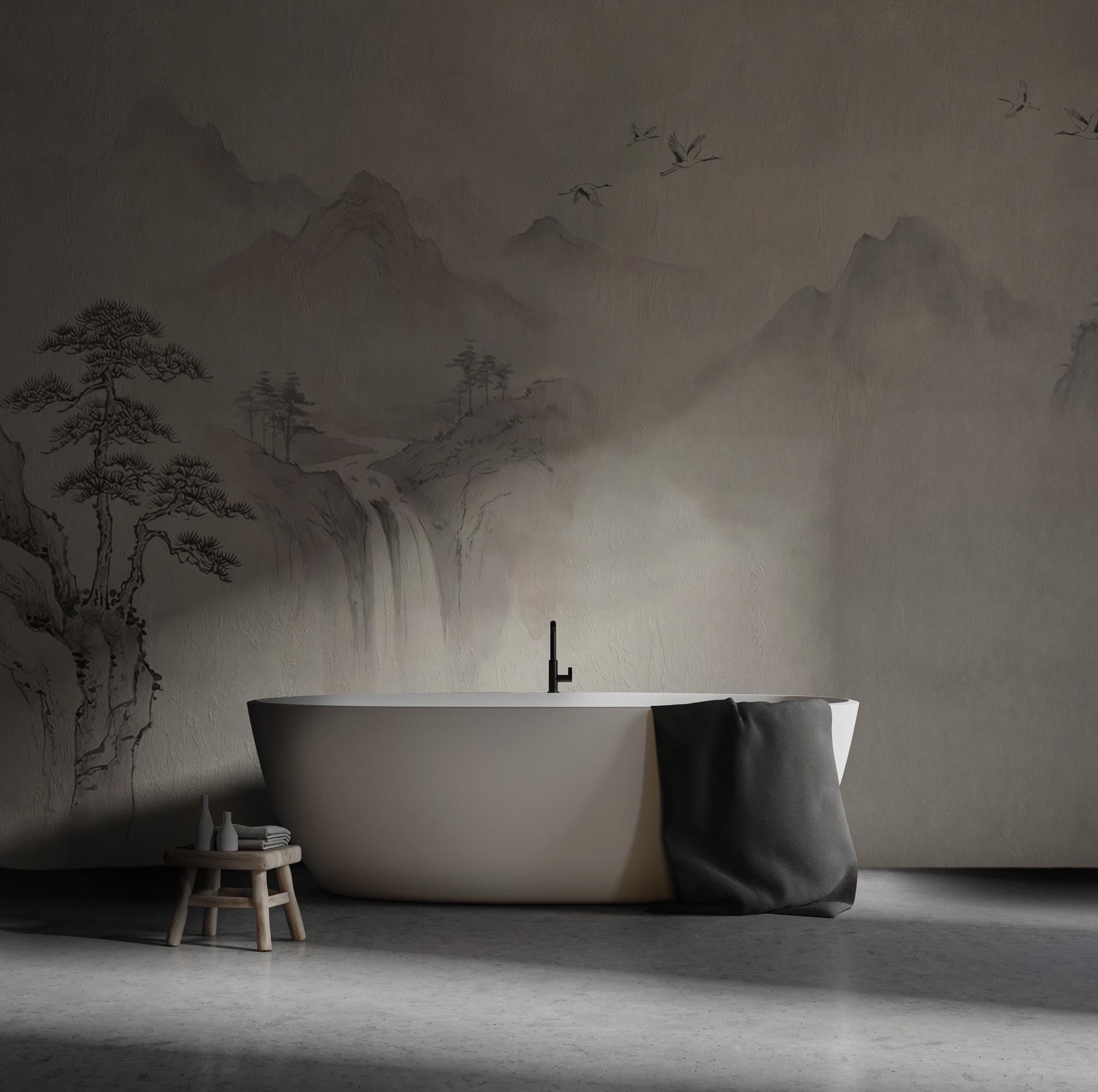 Asian Ink Wash Mountain Wallpaper: Peel and Stick Wall Mural - View 2