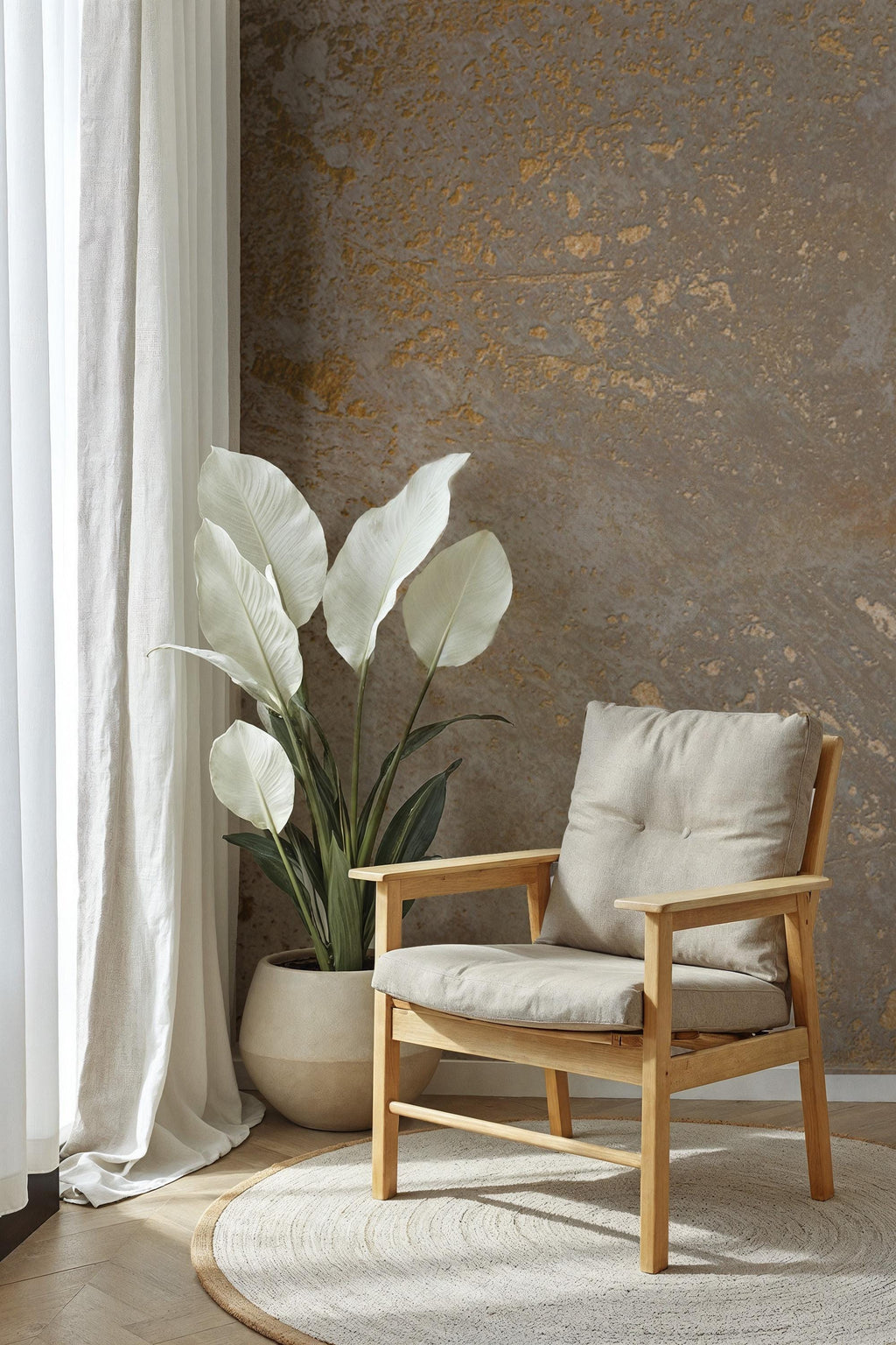 Beige Gold Textured Plaster Wallpaper: Peel and Stick Wall Mural - View 3