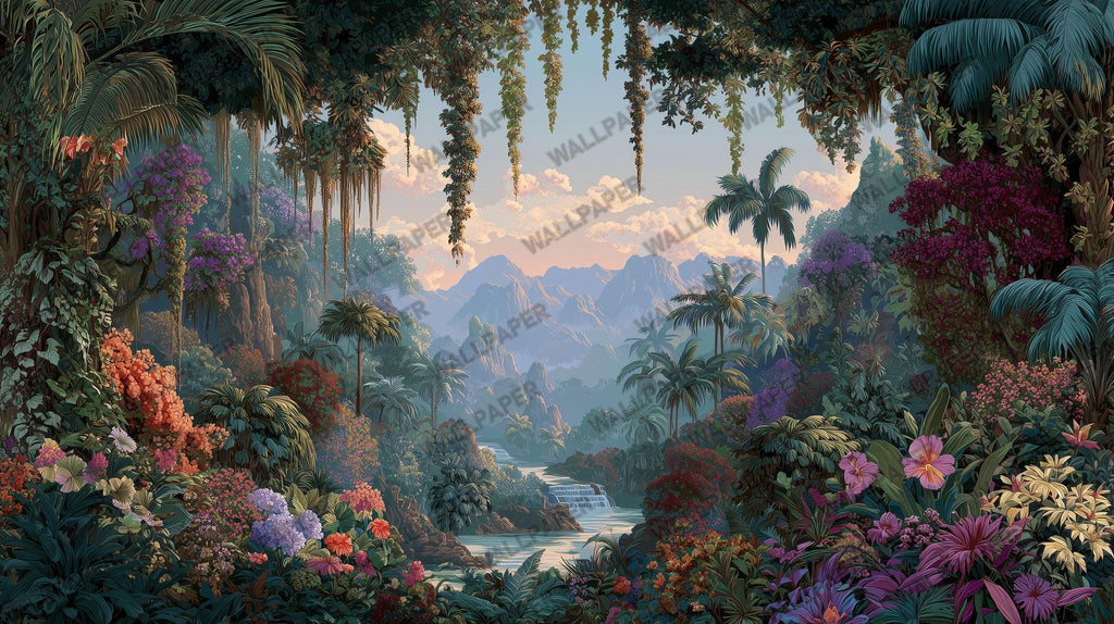 Tropical Jungle Landscape Wallpaper: Peel and Stick Wall Mural - View 6