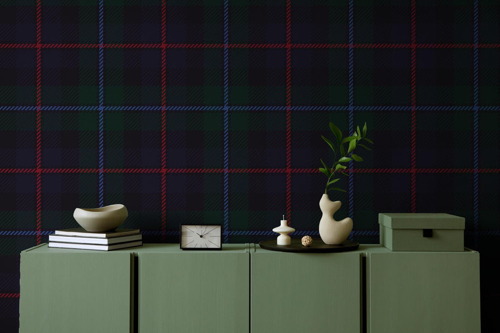 Dark Green Navy Tartan Plaid Wallpaper; Peel and Stick Wall Mural - View 3