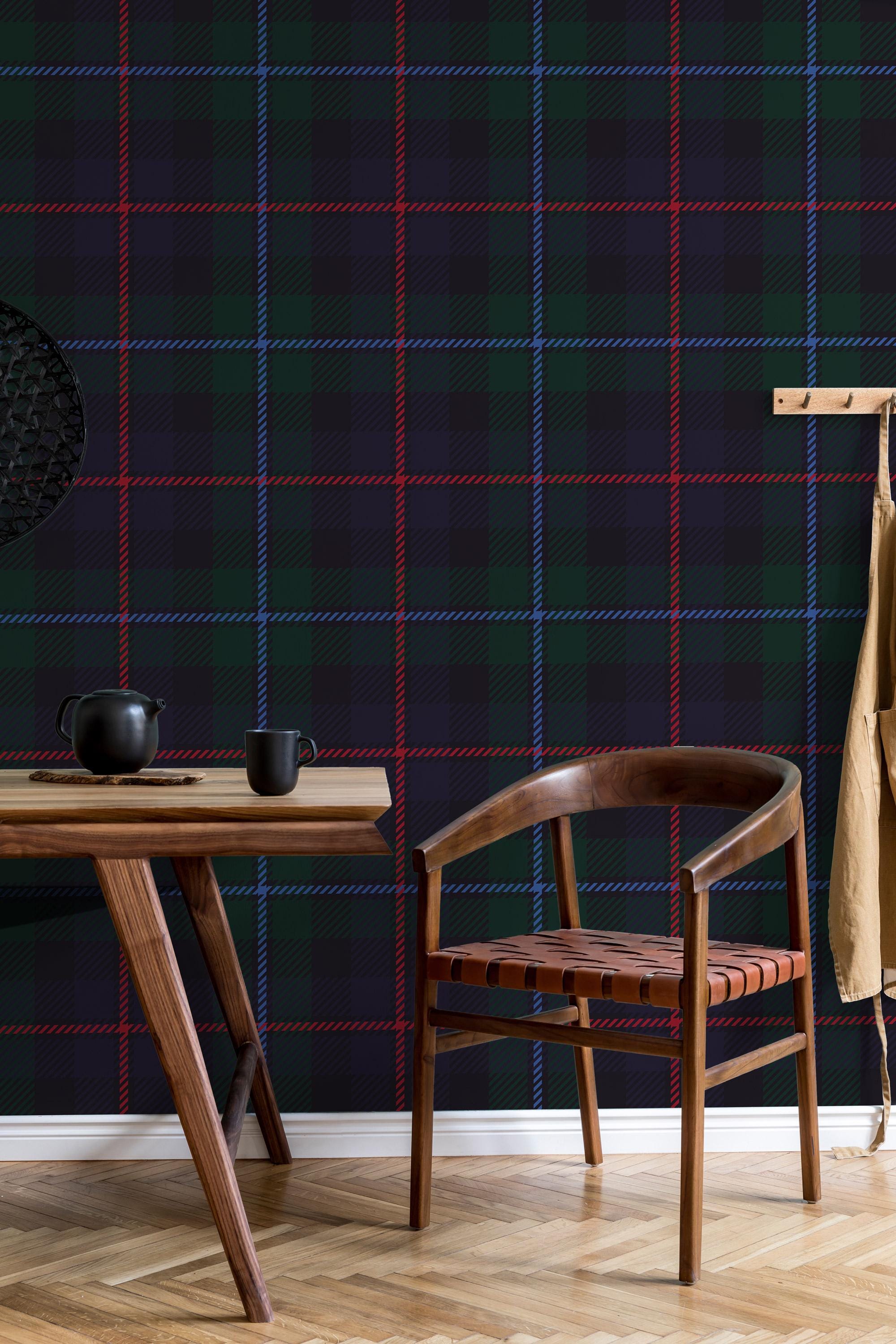 Dark Green Navy Tartan Plaid Wallpaper; Peel and Stick Wall Mural - View 2