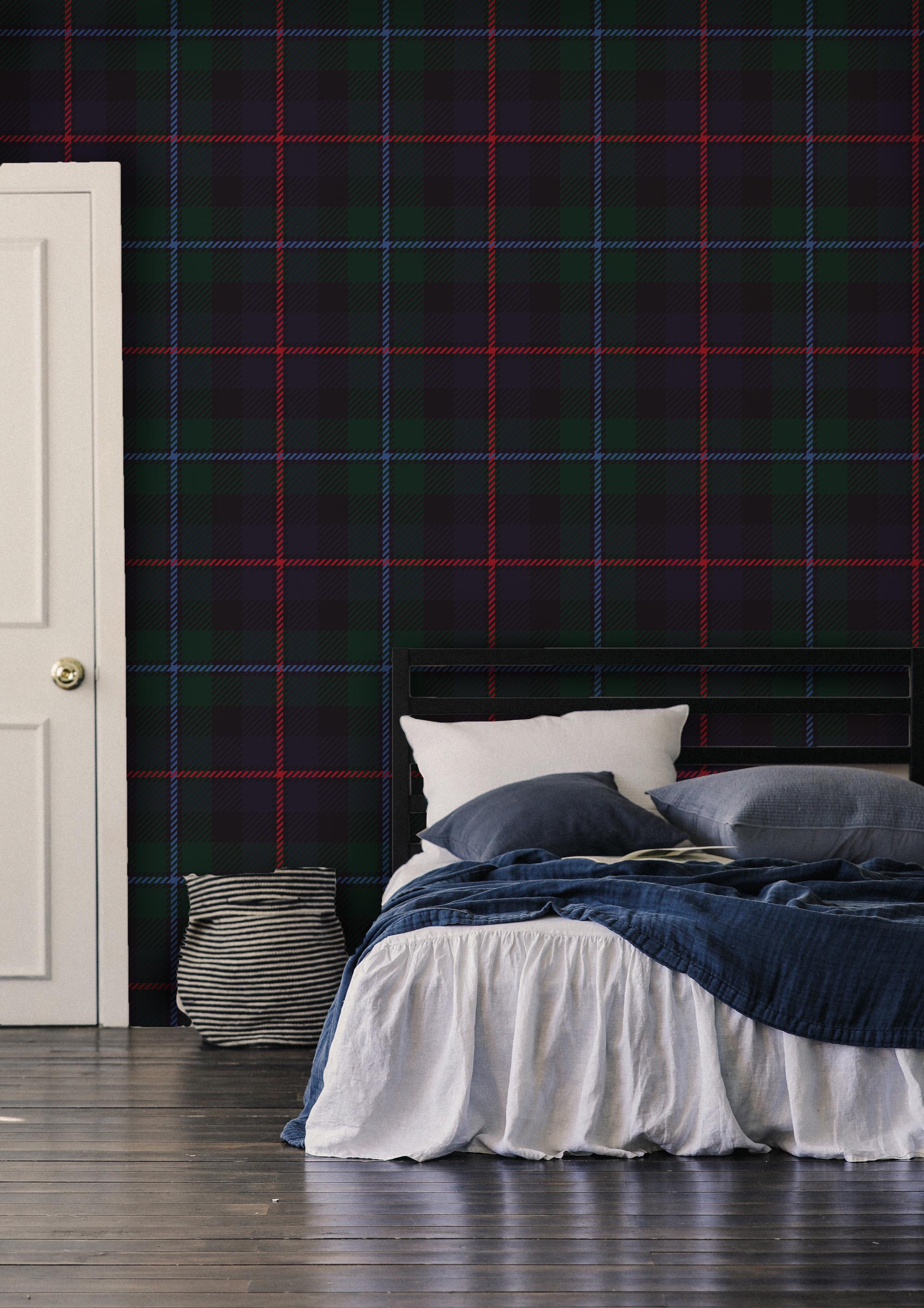 Dark Green Navy Tartan Plaid Wallpaper; Peel and Stick Wall Mural - View 4