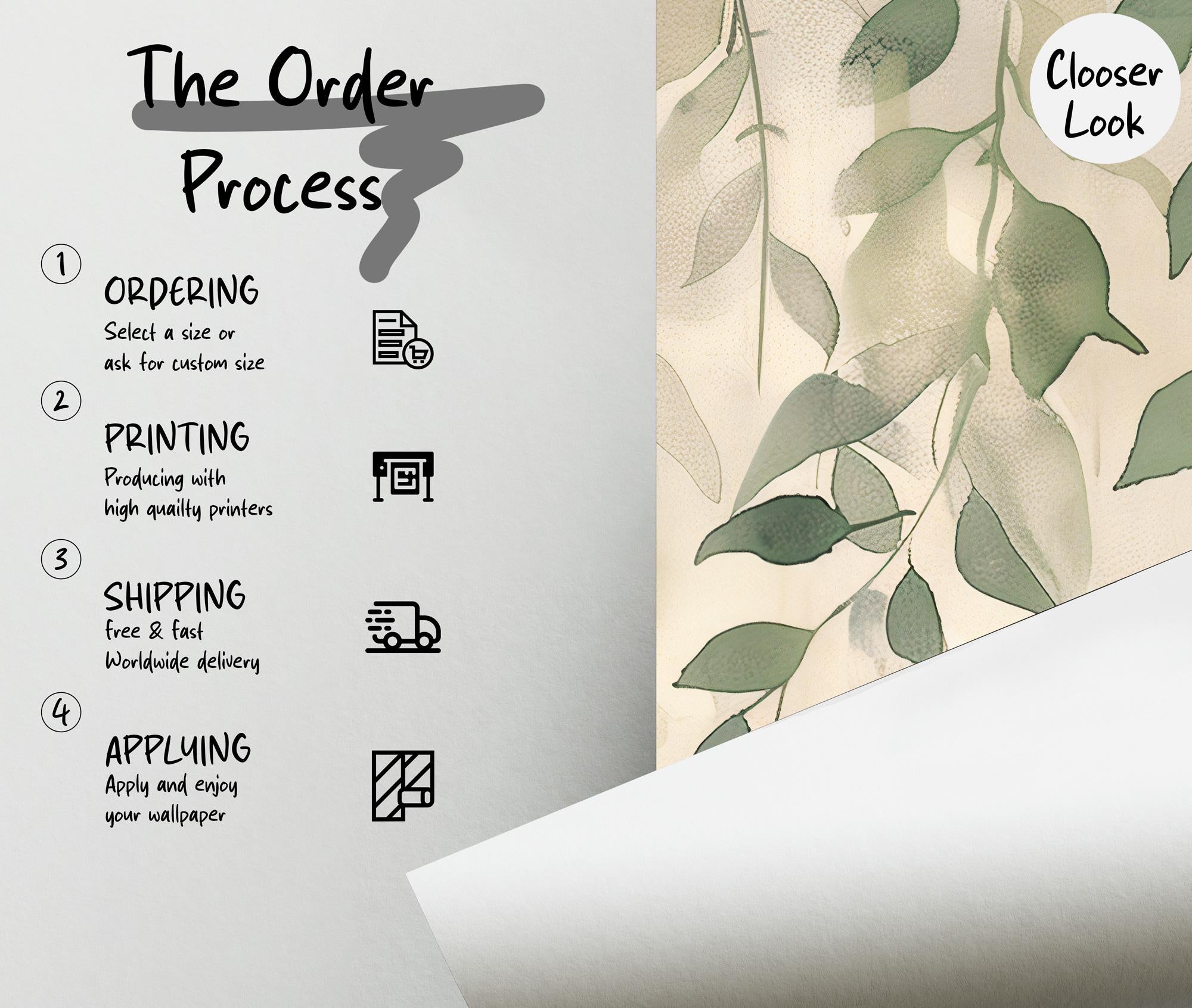 Sage Green Botanical Leaf Wallpaper: Neutral Beige Floral Wall Mural, Peel and Stick - View 5