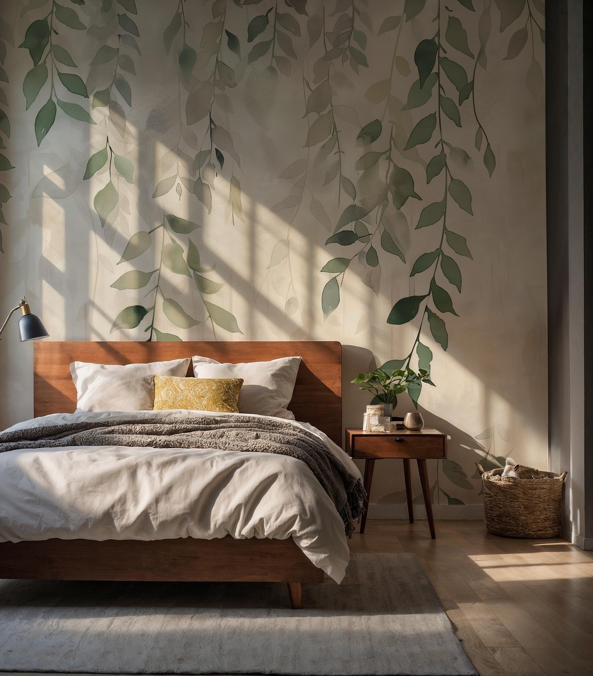 Sage Green Botanical Leaf Wallpaper: Neutral Beige Floral Wall Mural, Peel and Stick - View 3